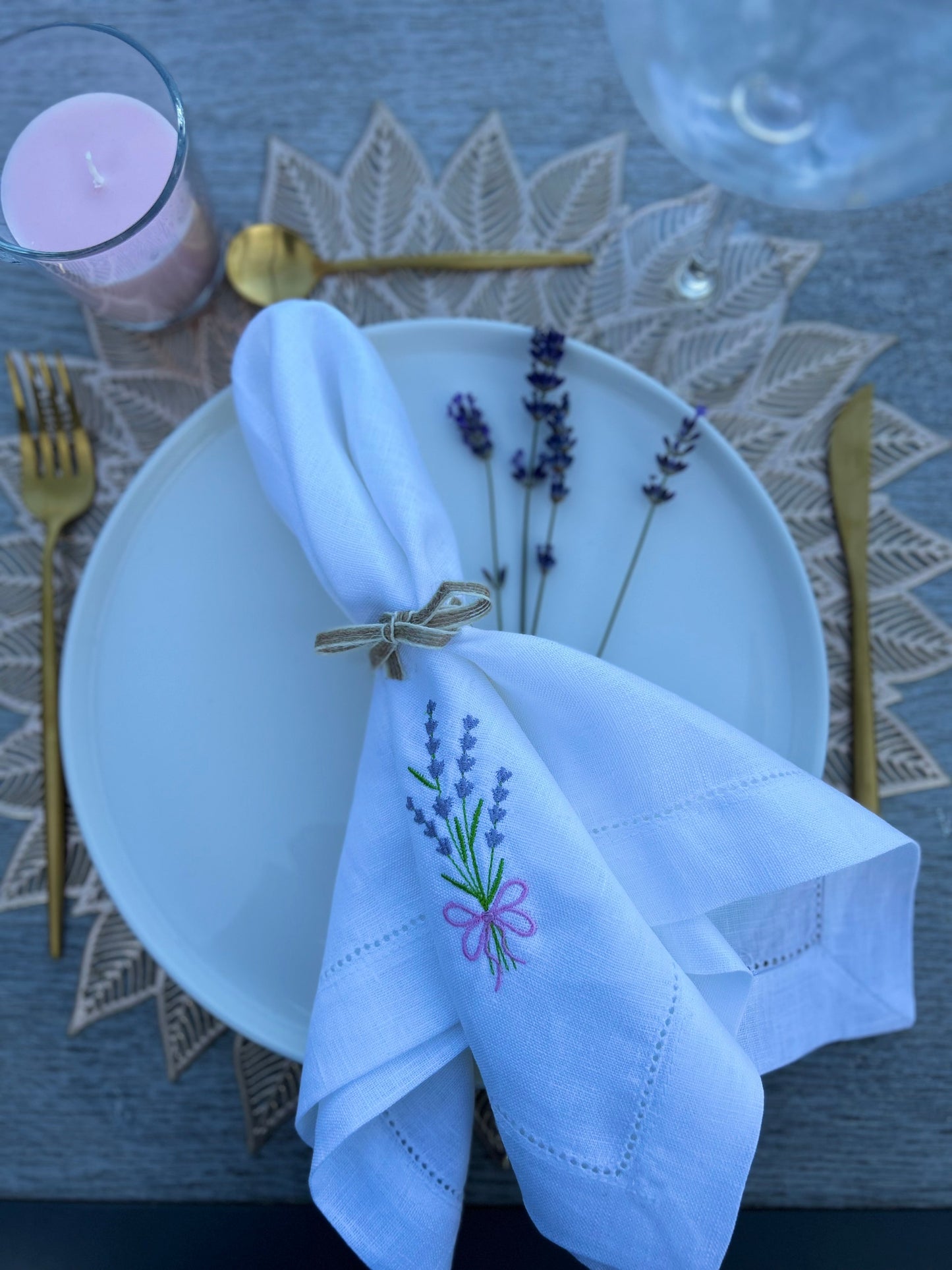 Lot de 4 Serviette de Table Lin Brodée Lavande