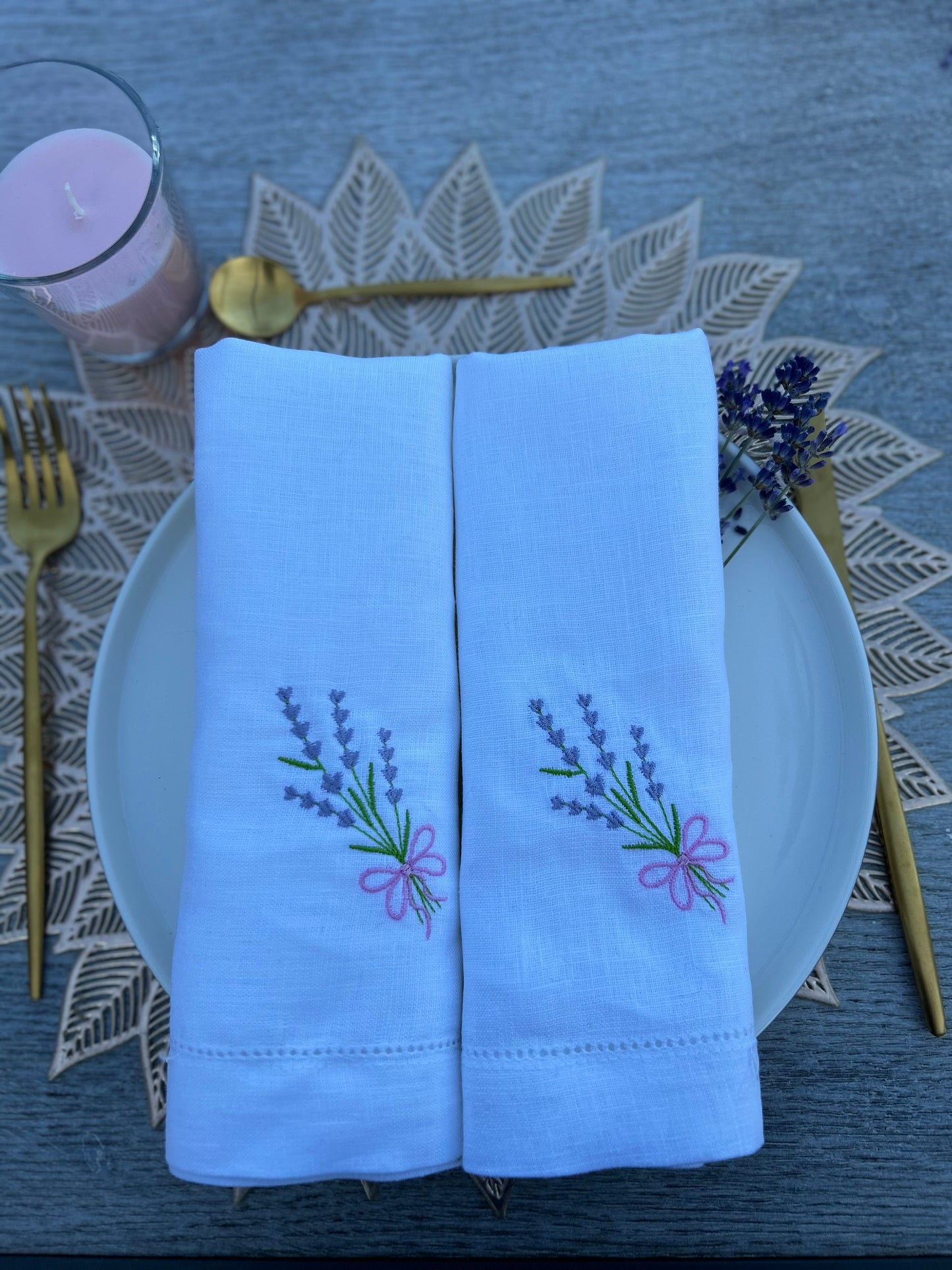 Lot de 4 Serviette de Table Lin Brodée Lavande